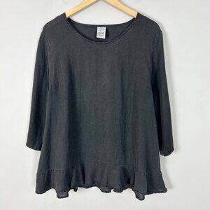 Matchpoint Black 100% Linen Top Ruffle Hem Classic Size Medium Women's